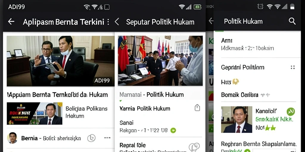 Tampilan antarmuka ADI99 dengan fitur berita politik dan hukum.