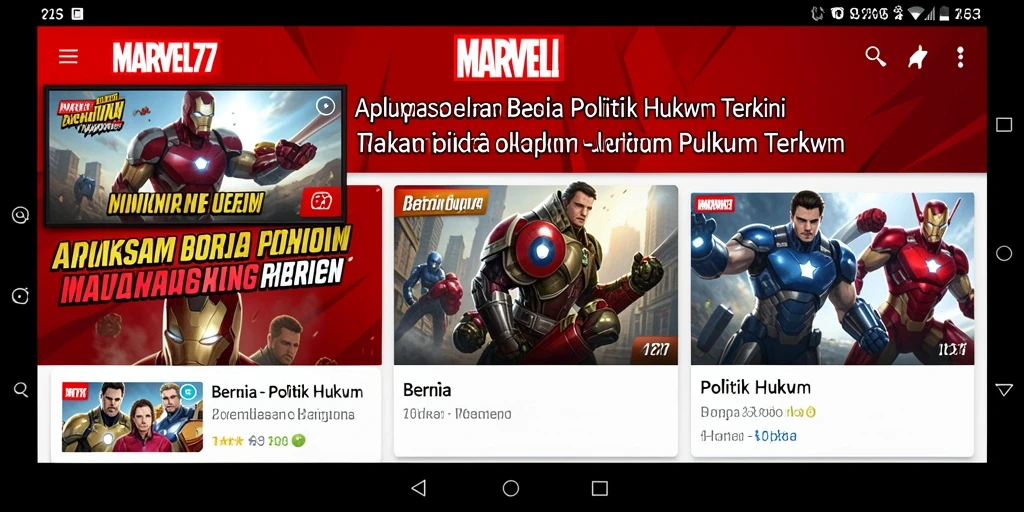 Tampilan antarmuka aplikasi MARVEL77 untuk berita politik dan hukum.